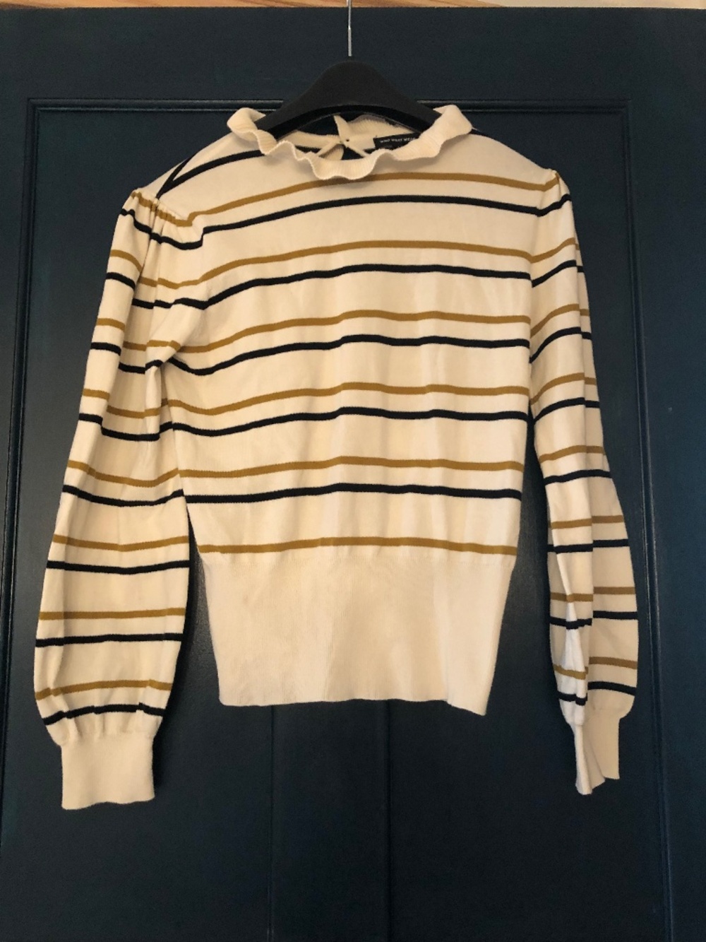 Who What Wear Black and Brown Striped Ruffle Neck Sweater Womens S